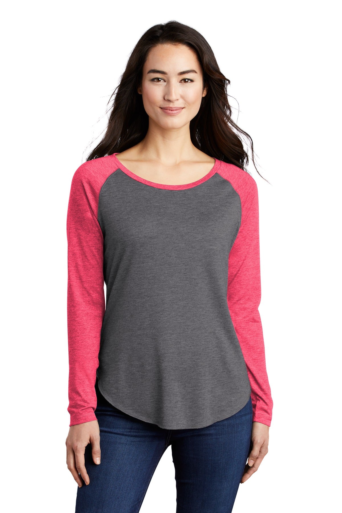 Photo of Sport-Tek Ladies LST400LS  color  Pink Raspberry Heather/ Dark Grey Heather