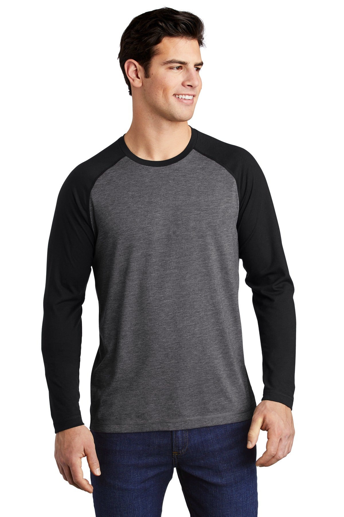 Photo of Sport-Tek T-Shirts ST400LS  color  Black Triad Solid/ Dark Grey Heather