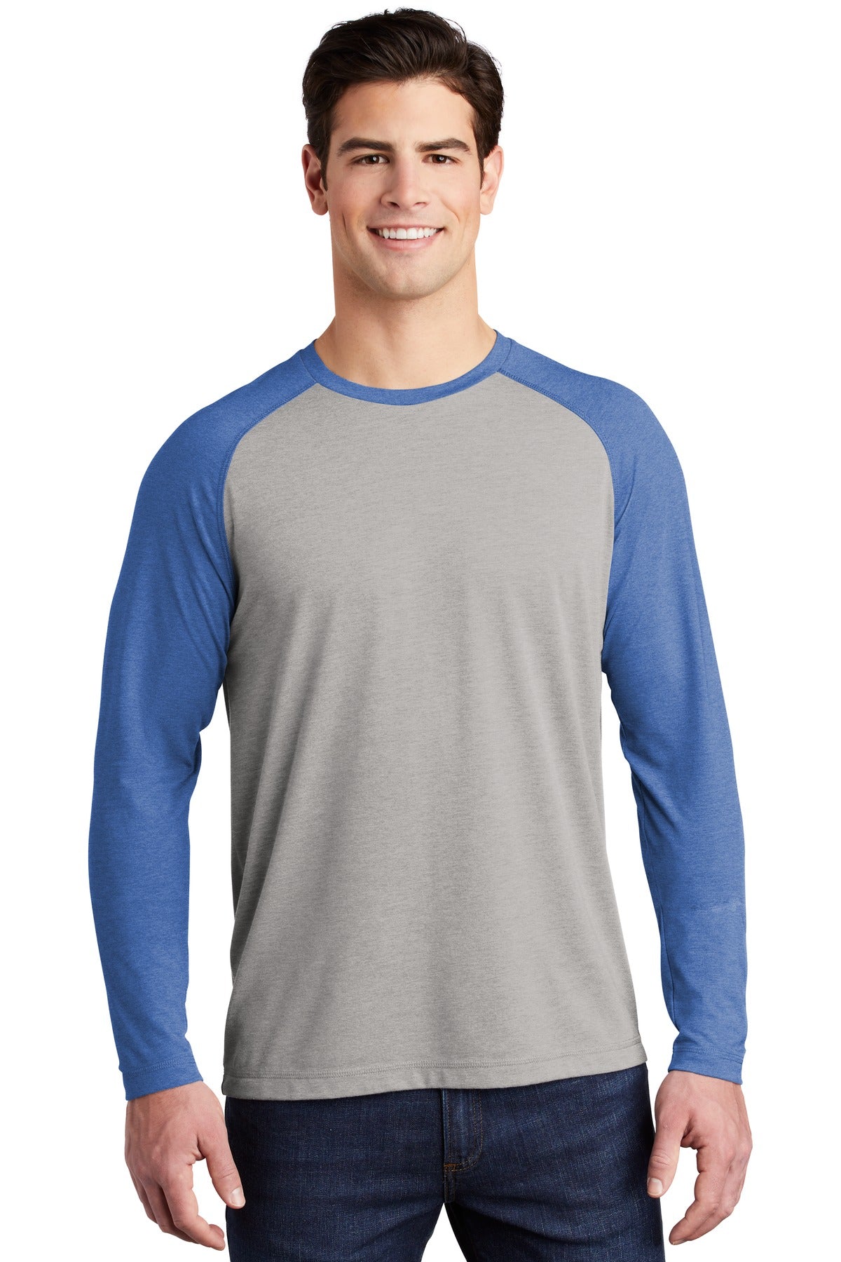 Photo of Sport-Tek T-Shirts ST400LS  color  True Royal Heather/ Light Grey Heather