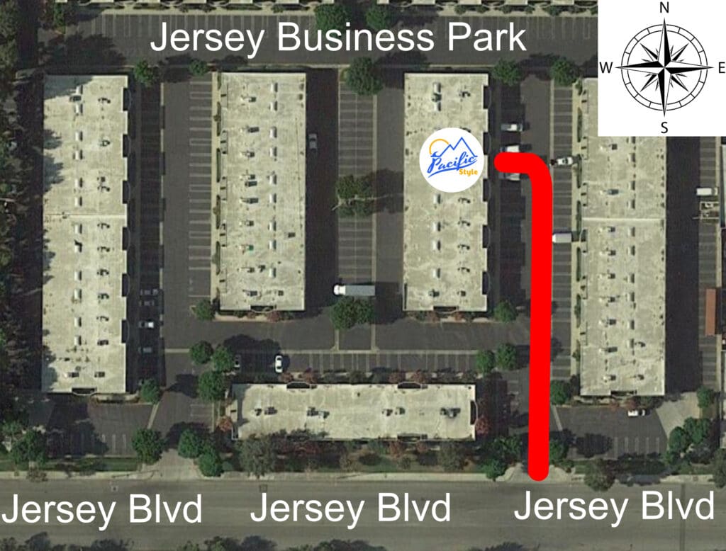 overhead view of pacific style llc industrial park, showing cross street and precise location of Pacific Style storefront for order pick ups