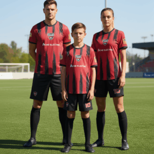 a man, woman, and young boy wearing matching Pacific Style dye sublimated soccer jerseys